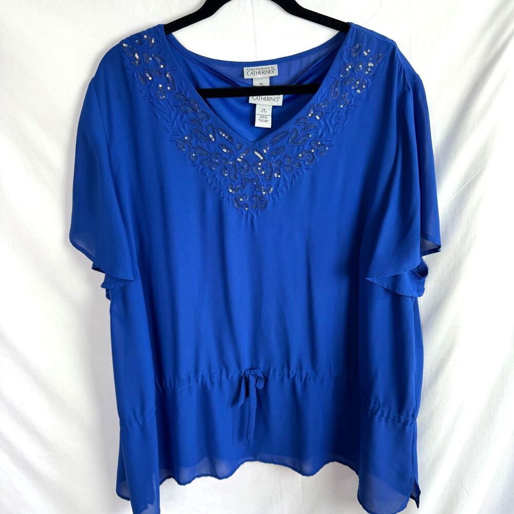 Added Dimensions for Catherines Women's Blouse Top Size 2X Blue Lined Drawstring